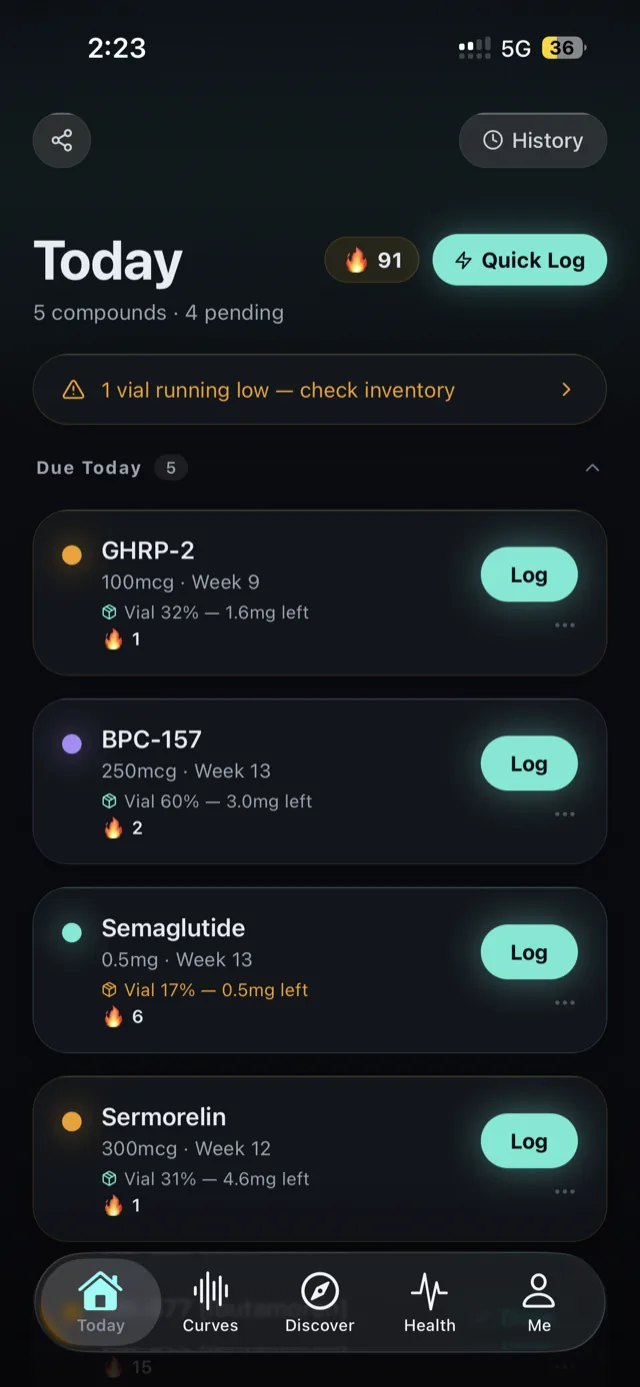 Halflife app inventory screen showing vial supply records