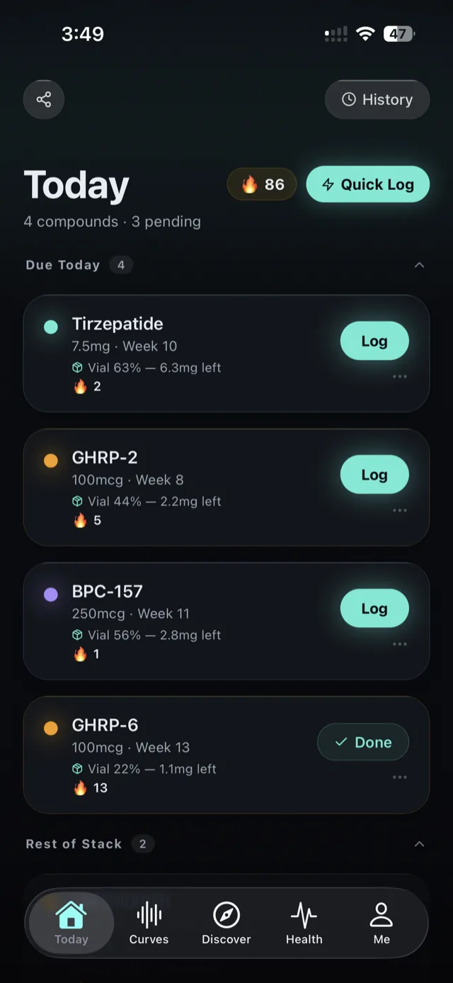 Halflife - Peptide & GLP-1 Log app screen