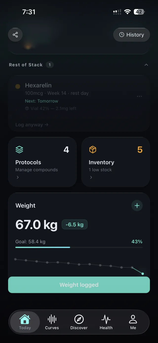 Halflife - Peptide & GLP-1 Log weight and observation tracking screen